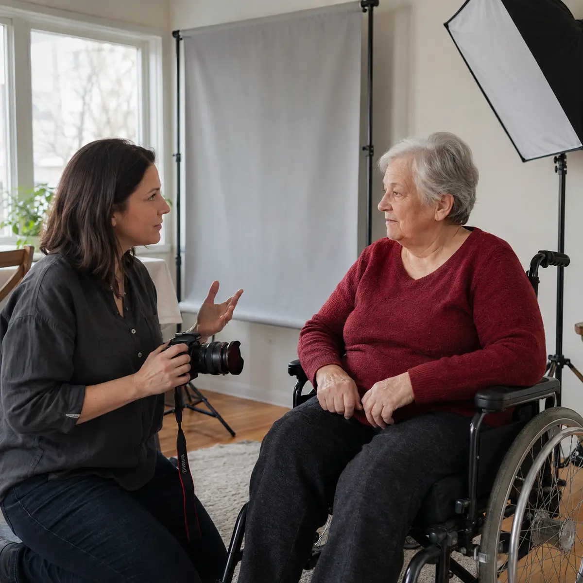 Photographer speaking with a senior wheelchair user before an at-home passport photo session