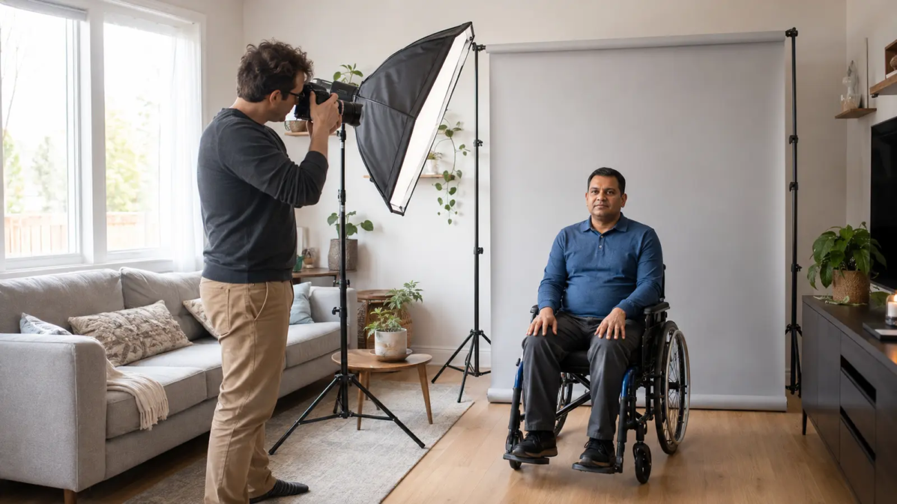 Photographer taking an accessible at-home passport photo of a wheelchair user in Toronto