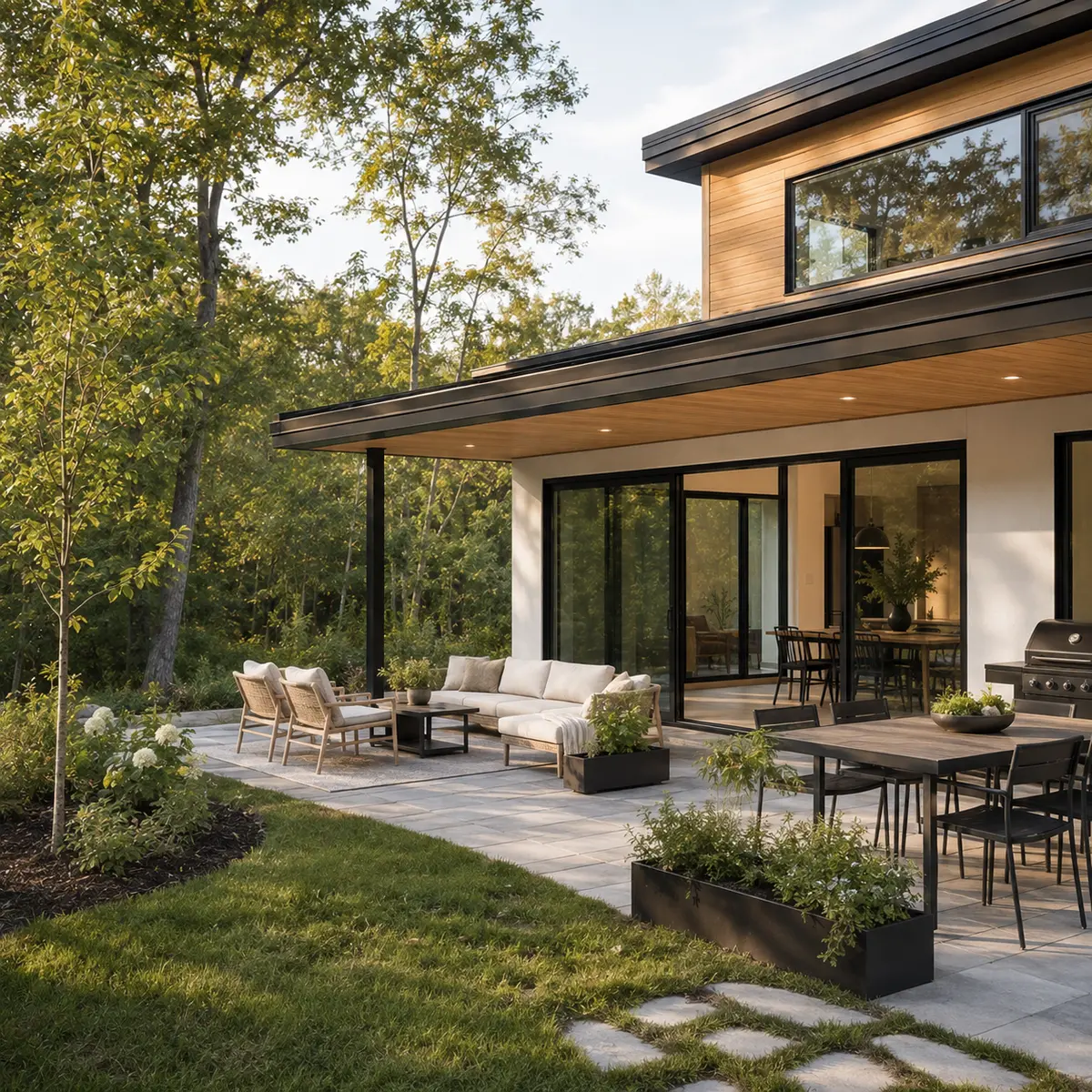 Landscaped backyard patio showing the outdoor amenities of an Airbnb home