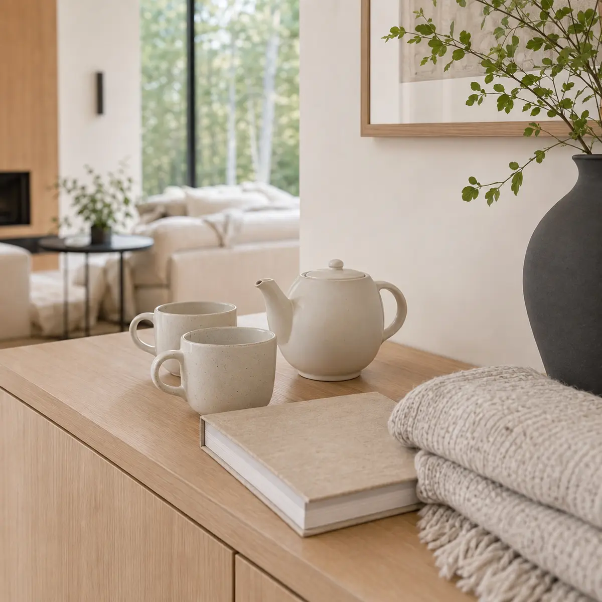 Welcoming tea service styled as a vacation rental lifestyle detail