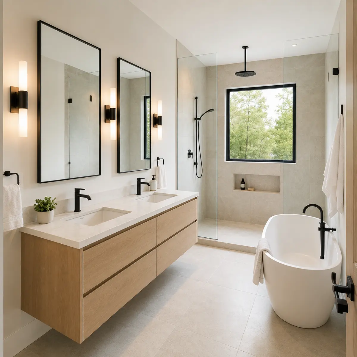 Clean modern bathroom with natural finishes and balanced property lighting