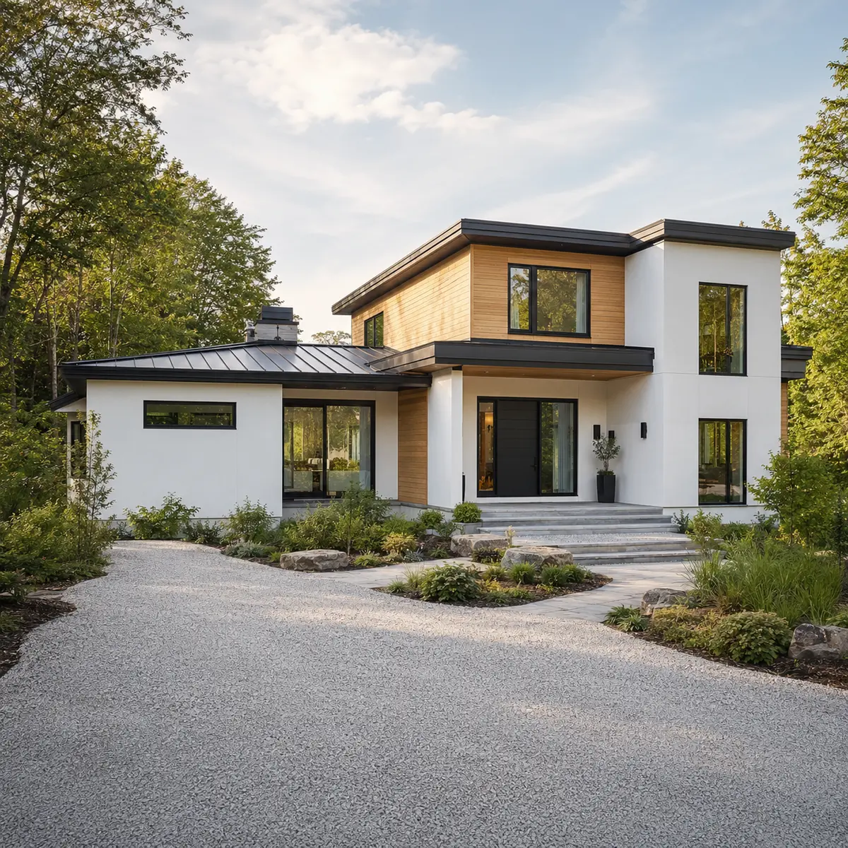 Modern Ontario Airbnb exterior photographed in bright natural daylight