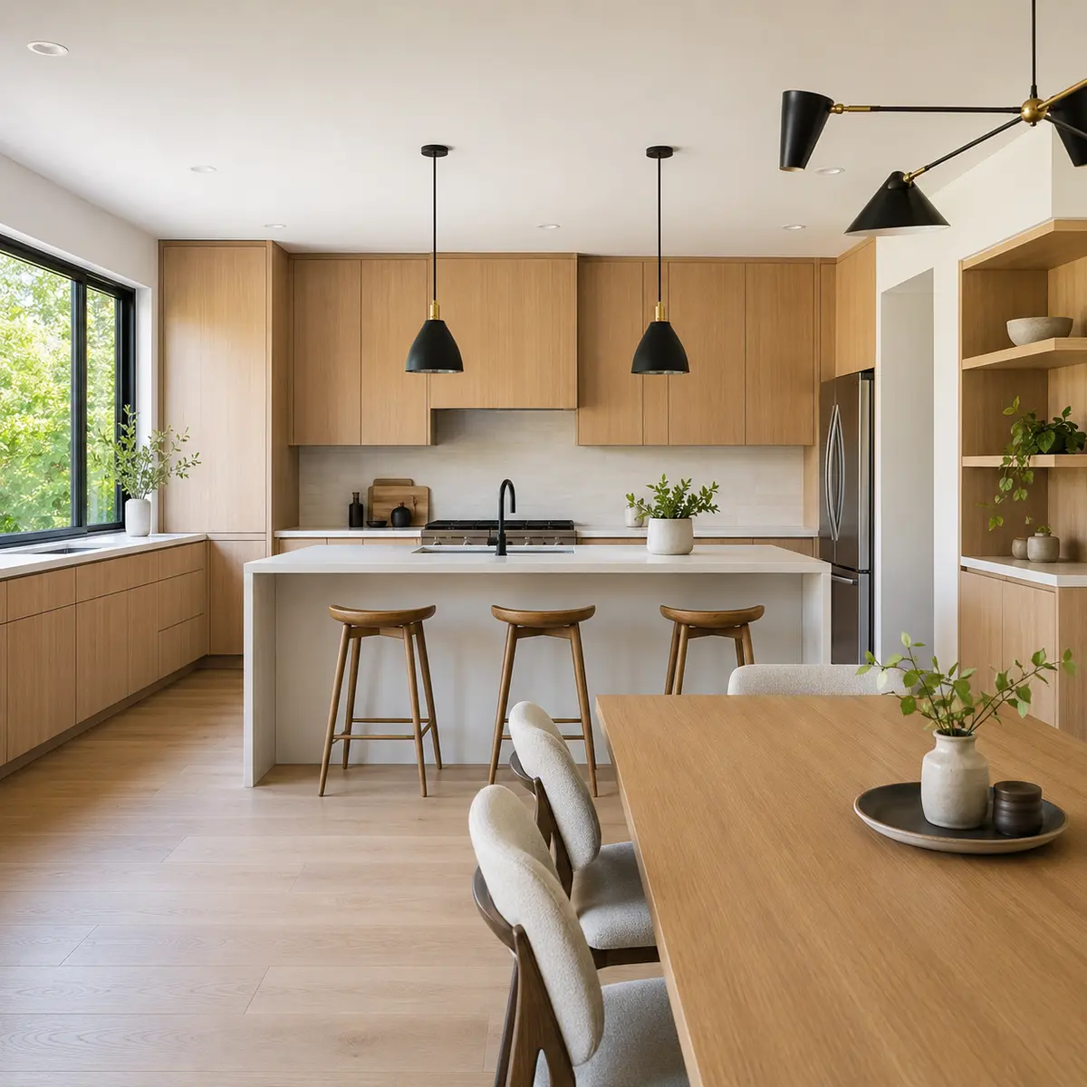 Bright modern Airbnb kitchen with pale wood cabinetry and island seating