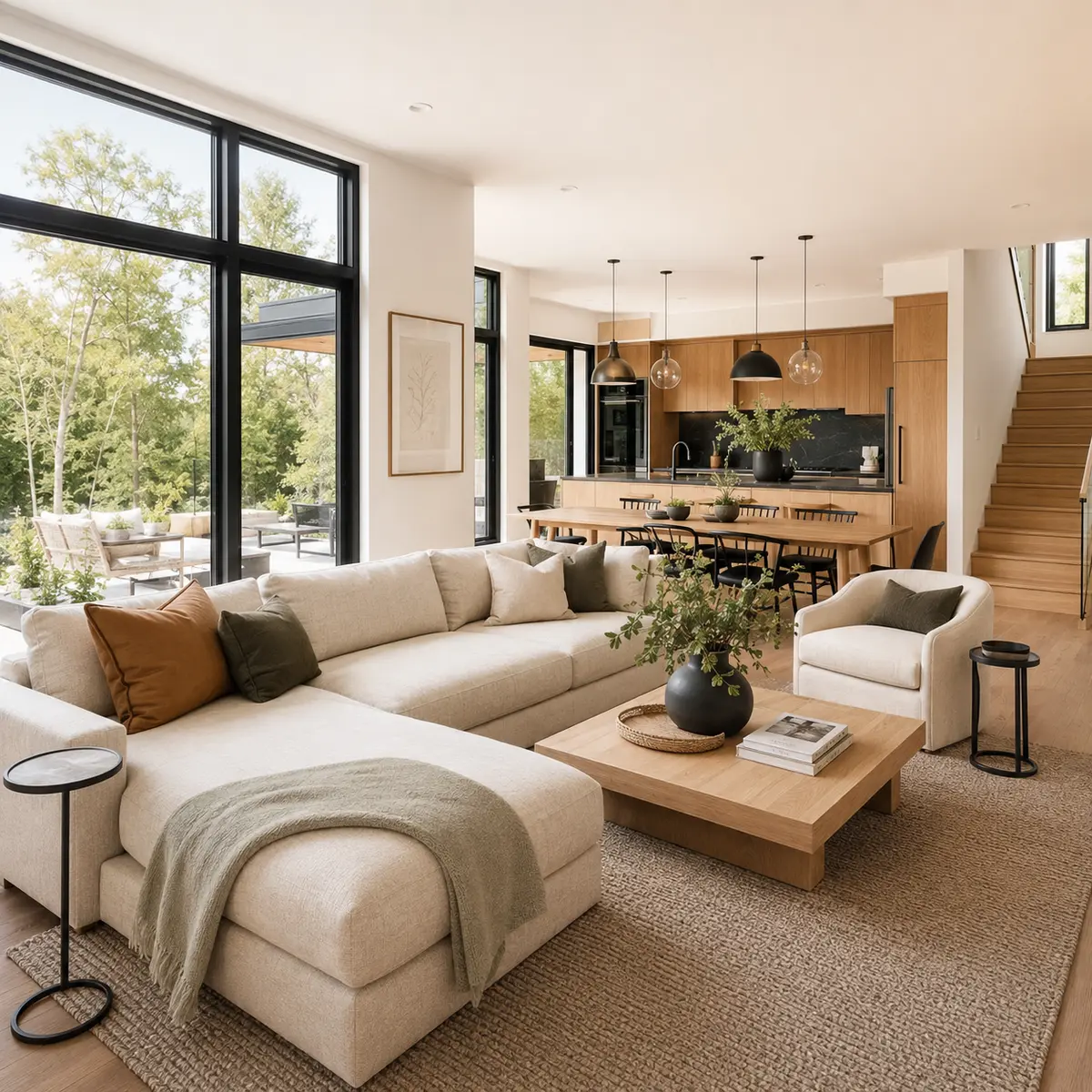 Professionally photographed open-plan living room in a modern vacation rental