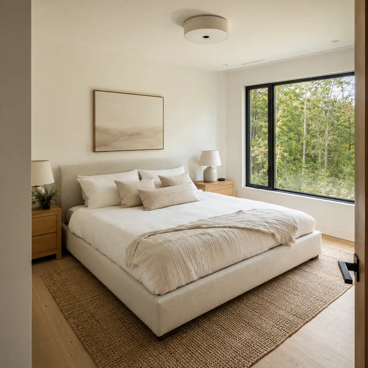 Serene primary bedroom photographed for a contemporary rental listing