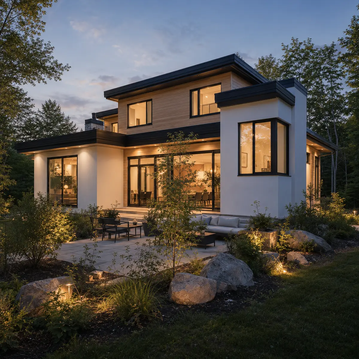 Modern vacation rental exterior photographed at blue hour with warm lights
