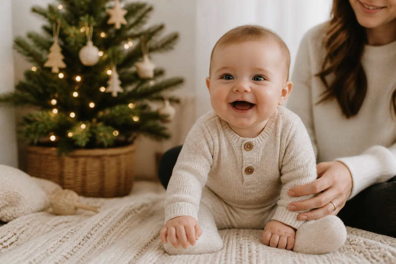 Baby's first Christmas photo beside a softly lit tree at home