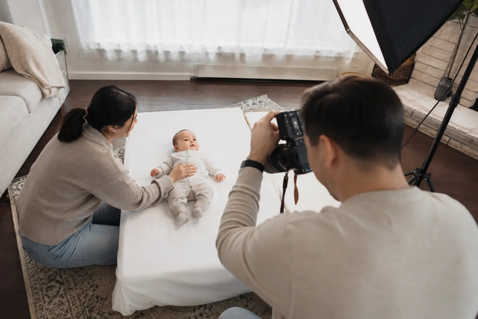 Safe baby passport photo session at home in Canada