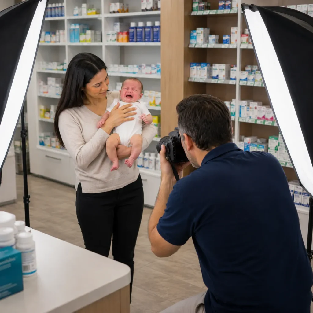Crying baby during a patient at-home passport photo session
