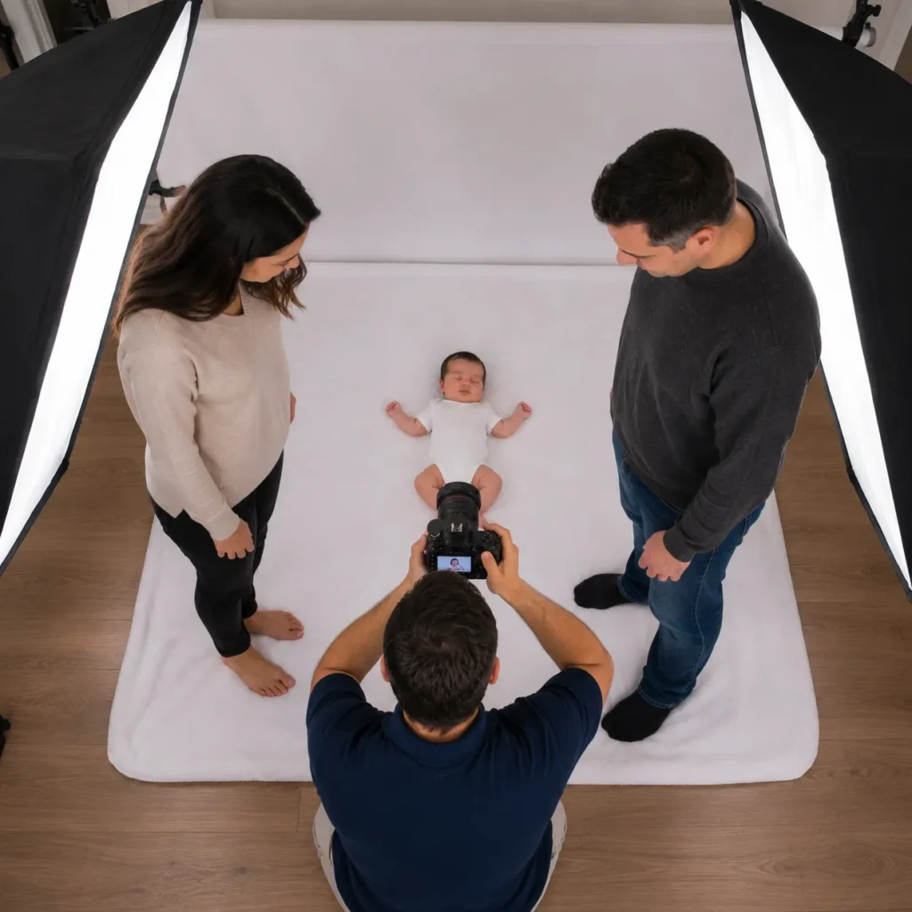 Baby passport photographer safely positioning a newborn at home