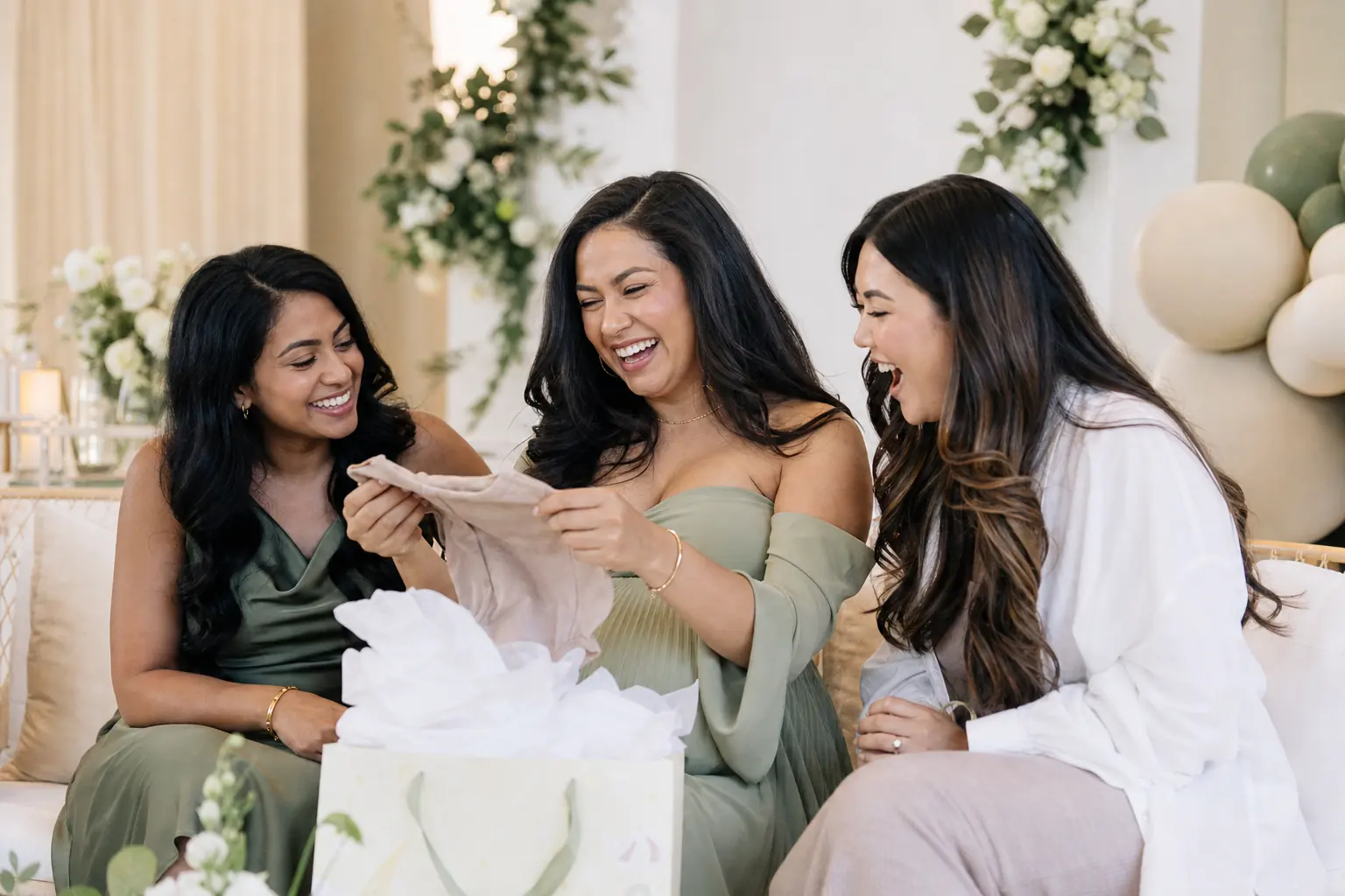 Expecting mother opening a baby shower gift with friends in Toronto