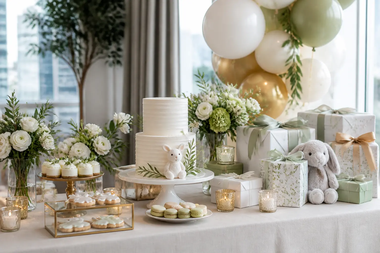 Baby shower cake, gifts and dessert table photographed in Toronto