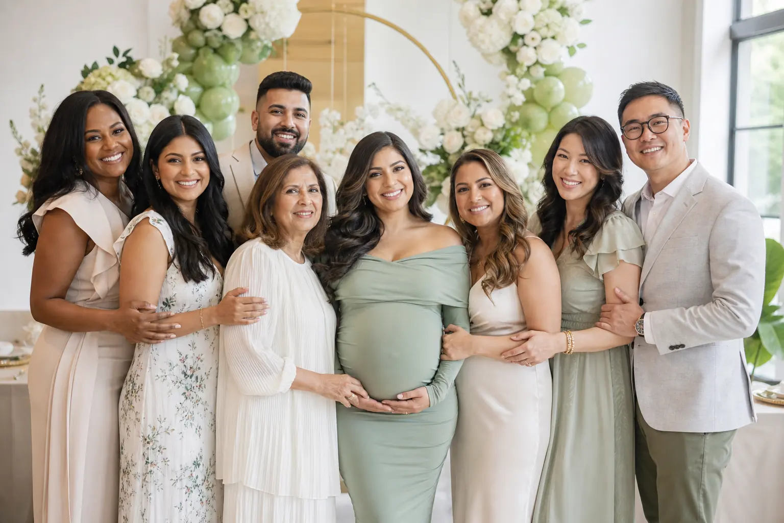 Multicultural family and friends posing for a baby shower group portrait