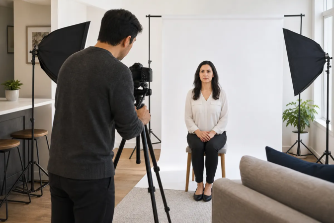 Commercial photographer taking a Canadian passport photo in a client's home