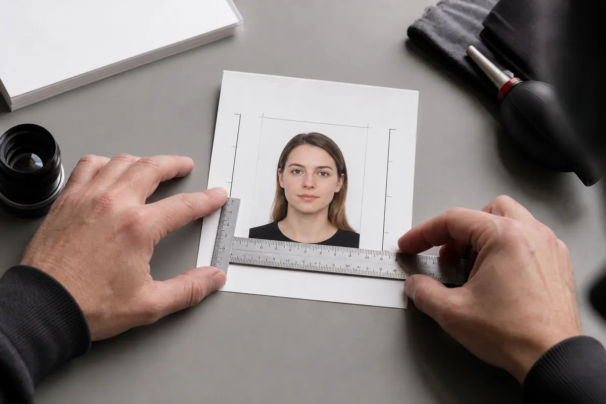 Photographer checking the size and crop of a Canadian passport photo print