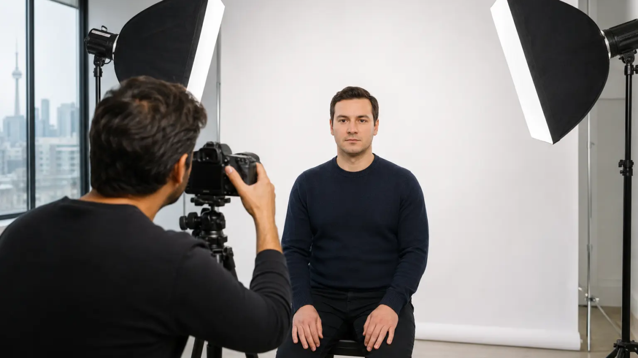 Professional studio setup framing a Canadian passport photo with neutral expression and even lighting