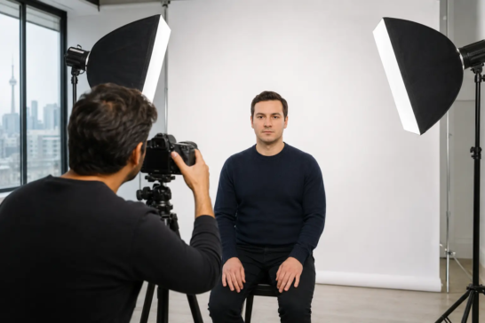 Professional studio setup framing a Canadian passport photo with neutral expression and even lighting