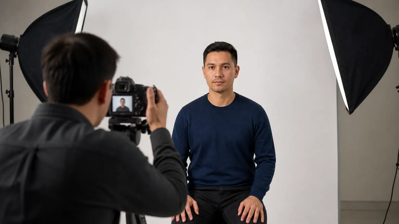Commercial photographer taking a Canadian passport photo in a Toronto studio