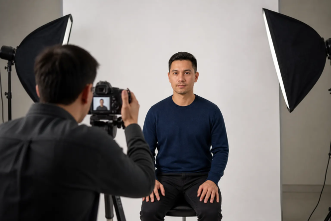 Commercial photographer taking a Canadian passport photo in a Toronto studio
