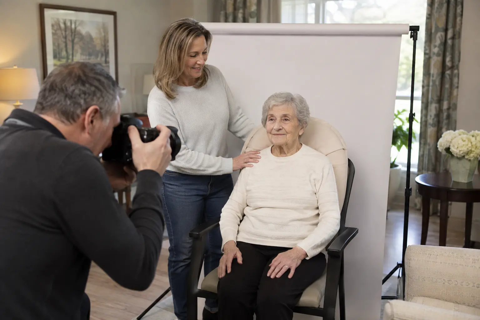 Caregiver supporting a senior during an at-home passport photo appointment