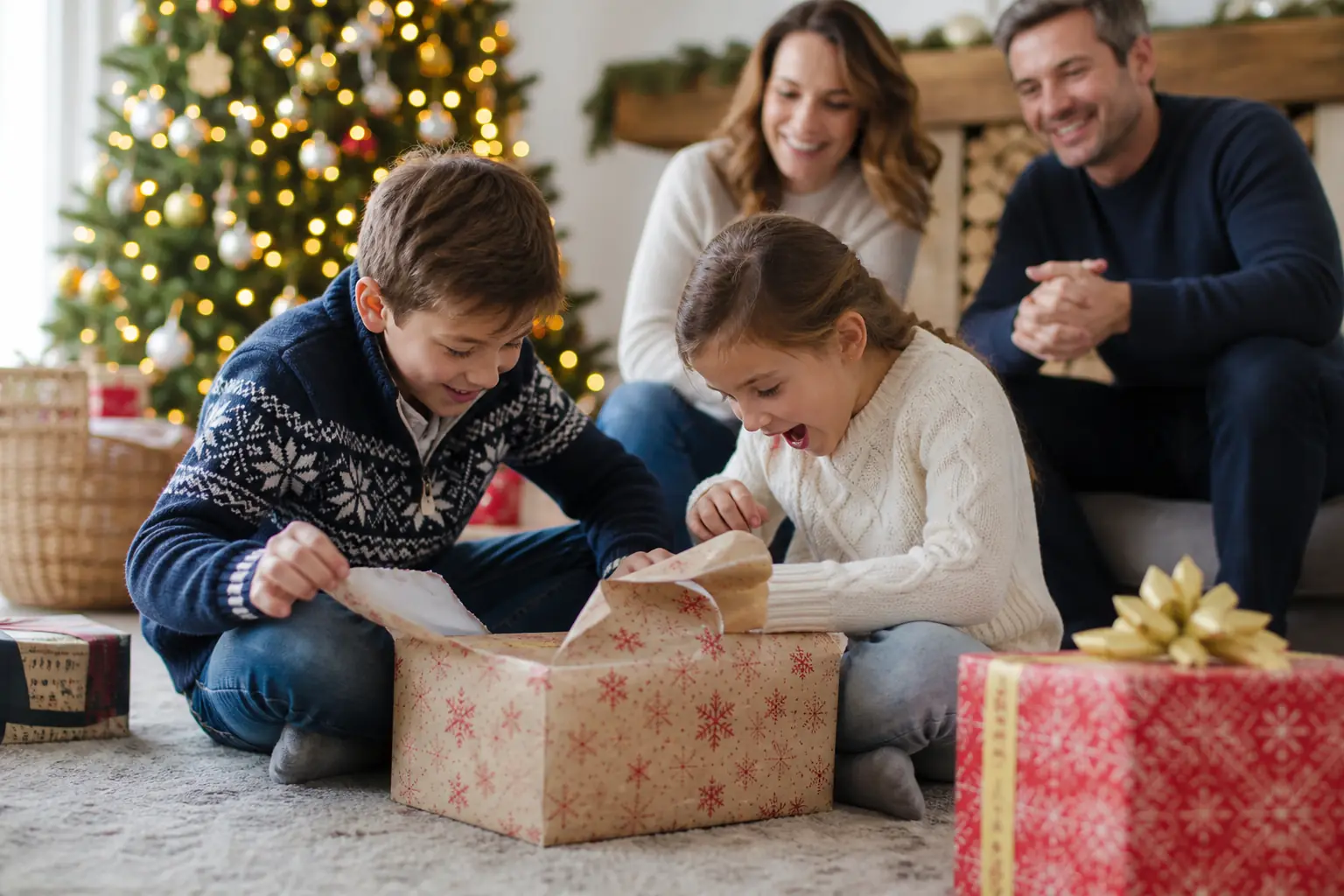 Children opening Christmas gifts during an at-home family photoshoot