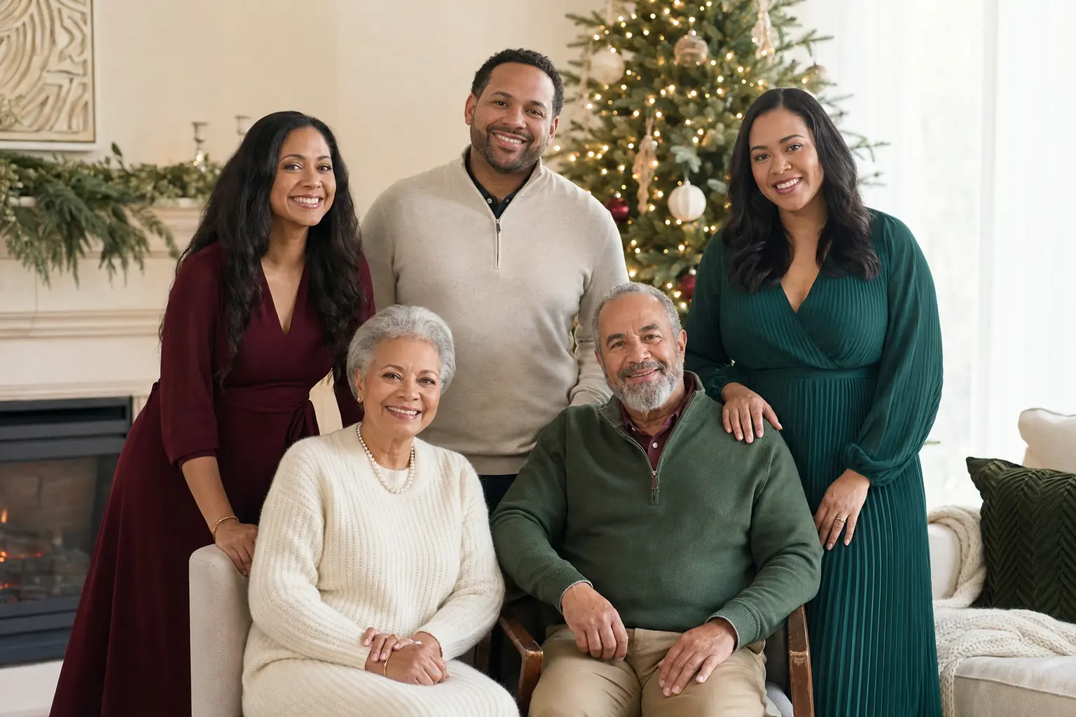 Multigenerational family posing for a Christmas card portrait at home