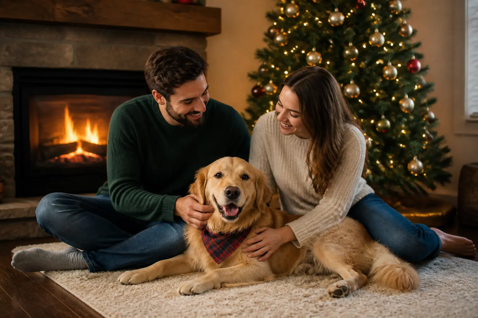 Couple taking a cozy Christmas family photo with their dog