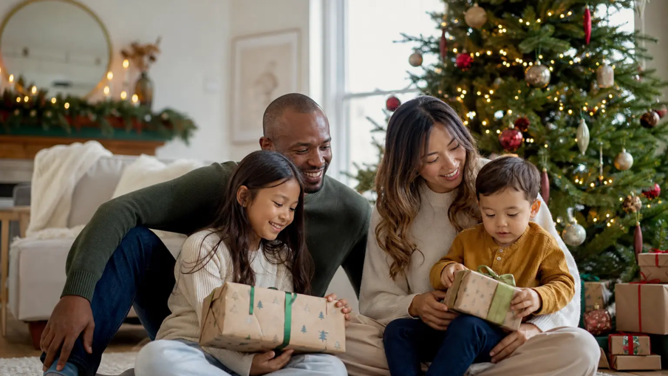 Family enjoying an at-home Christmas photoshoot in Toronto