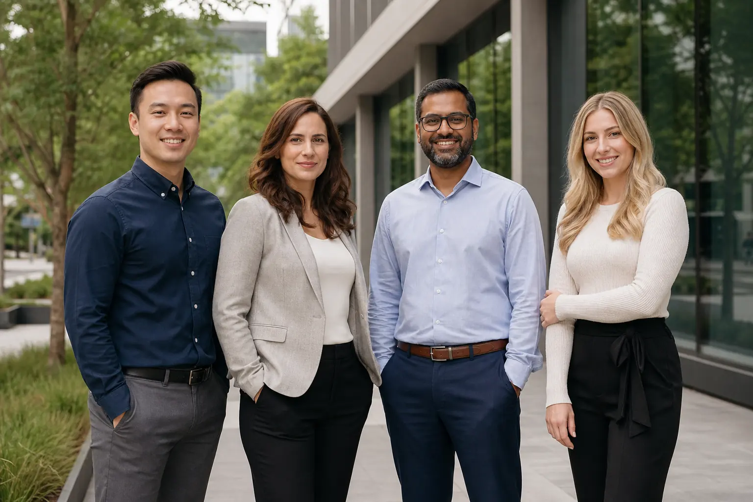 Corporate team outdoor headshots outside a modern Toronto office