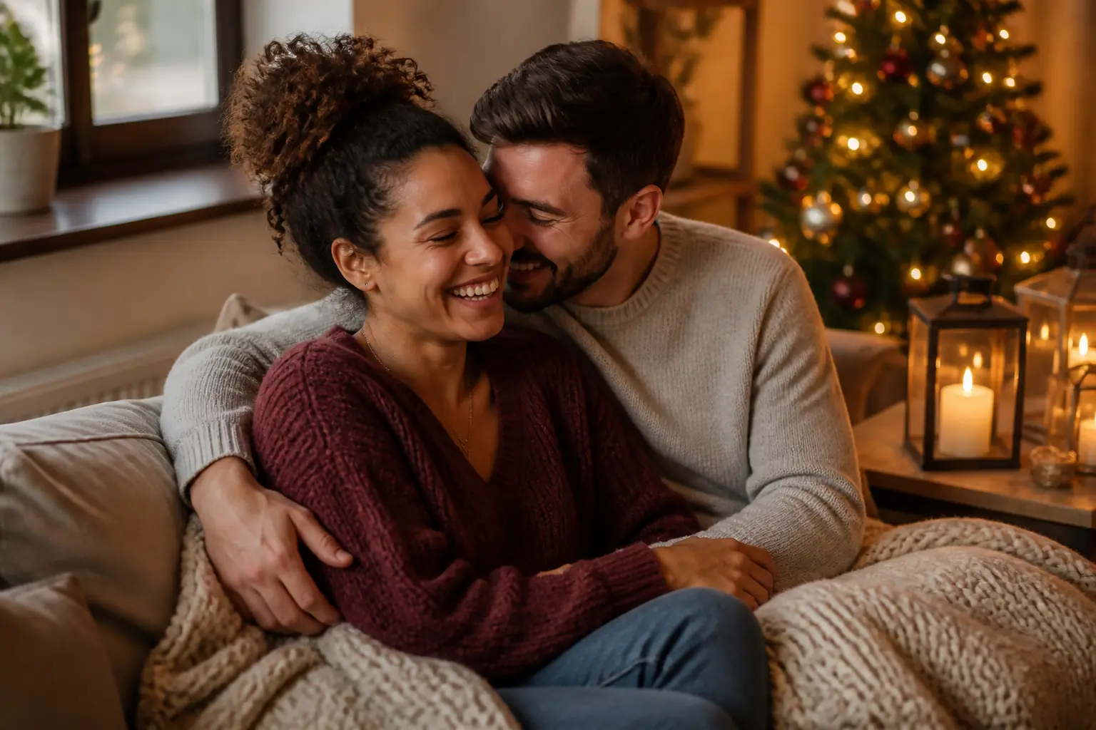 Couple sharing a candid moment during an at-home Christmas photoshoot