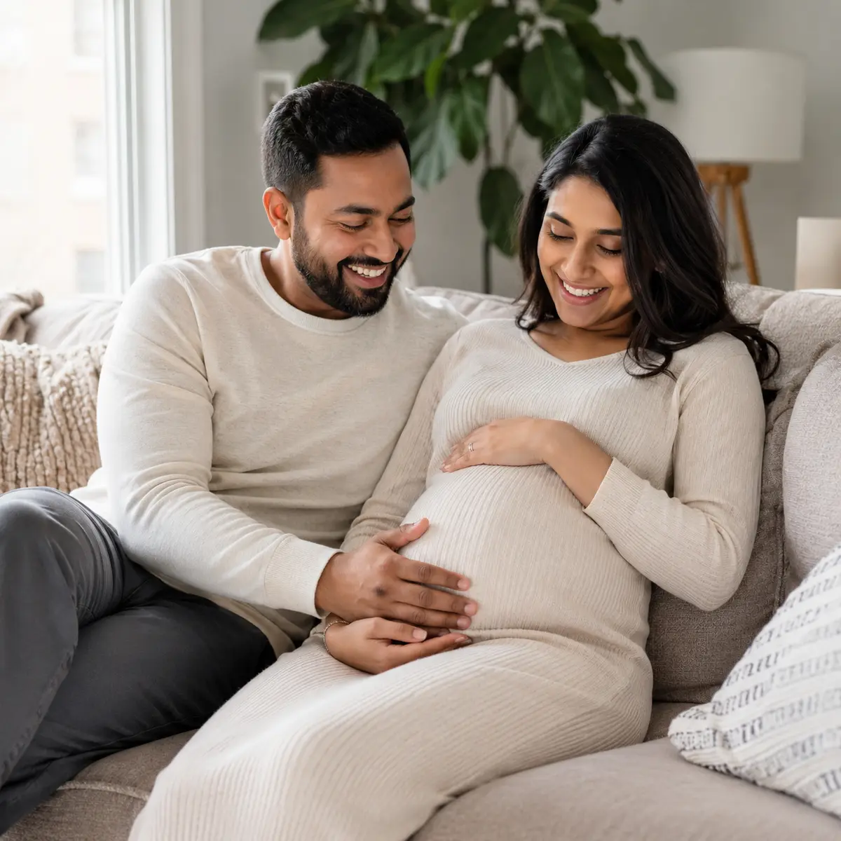 Couple maternity photoshoot at home with expectant parents relaxing on a sofa