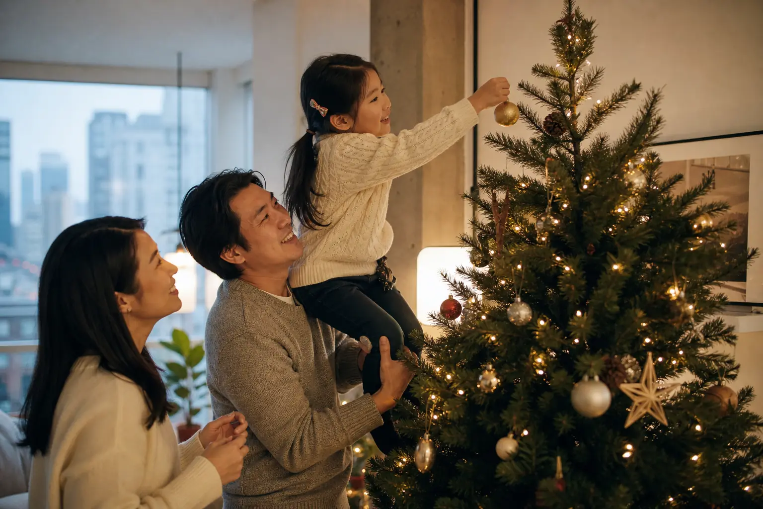 Family decorating a Christmas tree for photos at home
