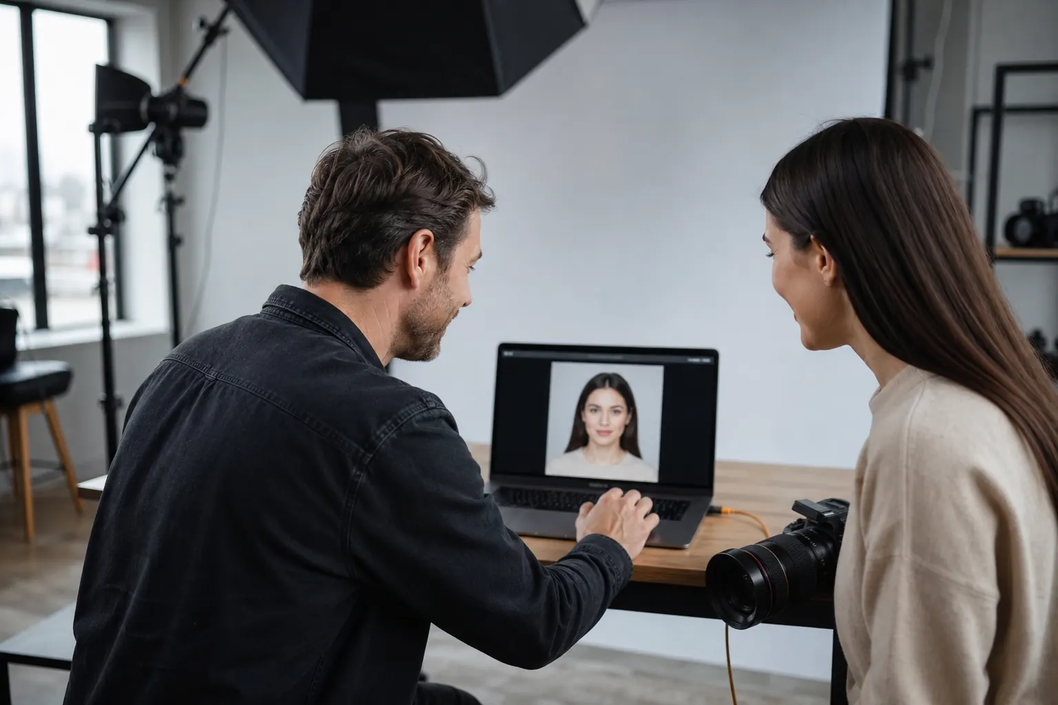 Photographer preparing an original digital passport photo for online renewal in Canada