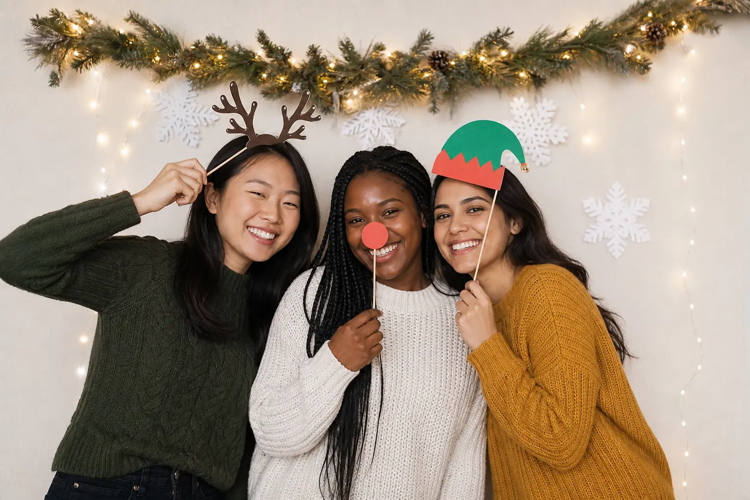 Friends posing at a simple DIY Christmas photo booth at home