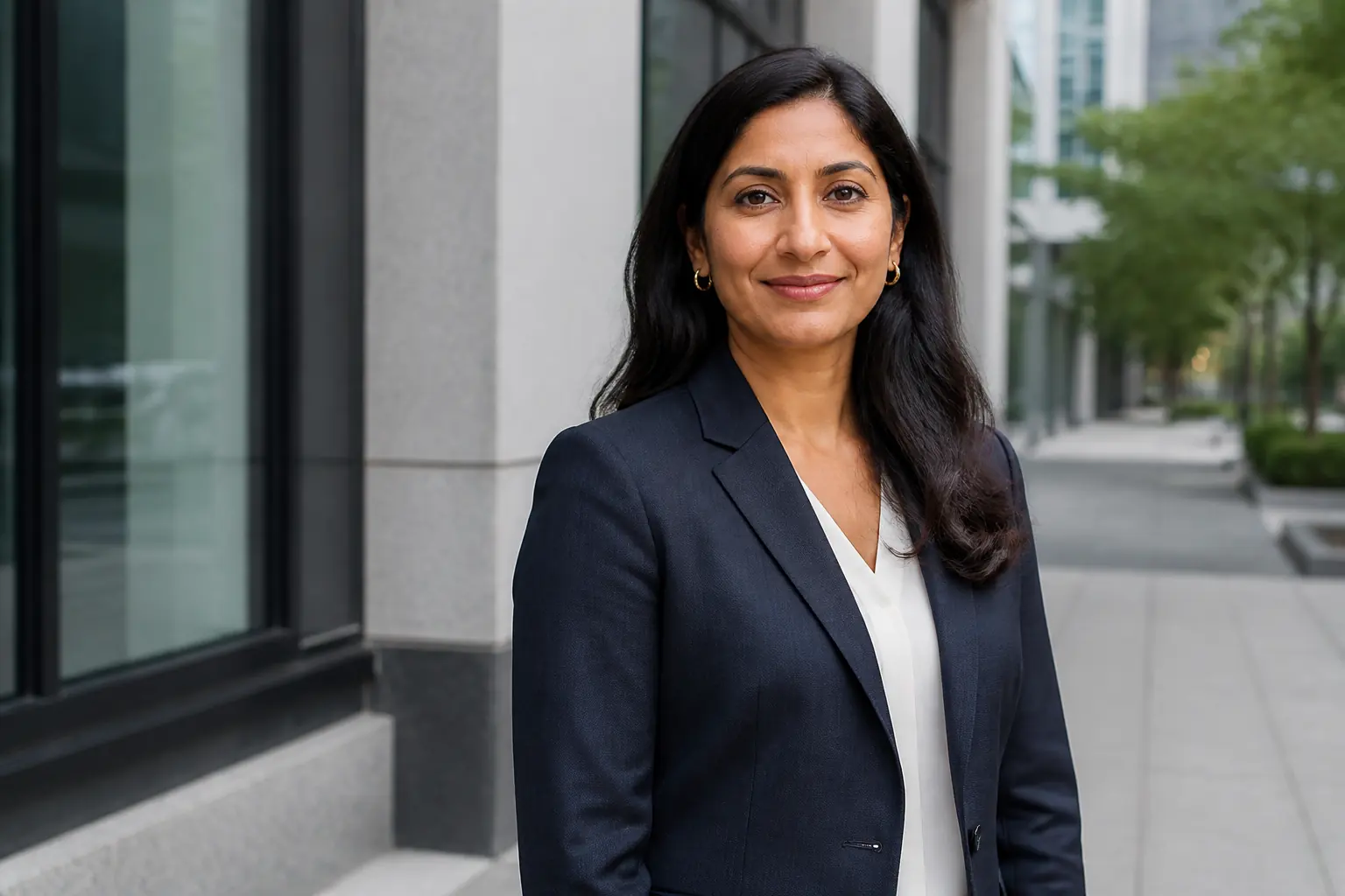Executive outdoor headshot beside a modern Toronto office building