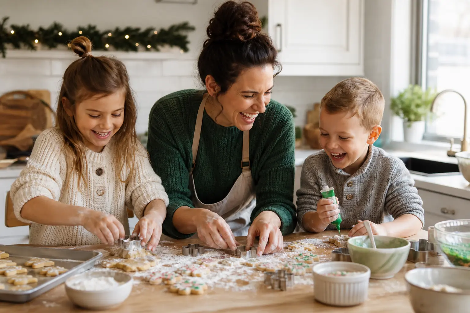 Family baking Christmas cookies together in a bright home kitchen