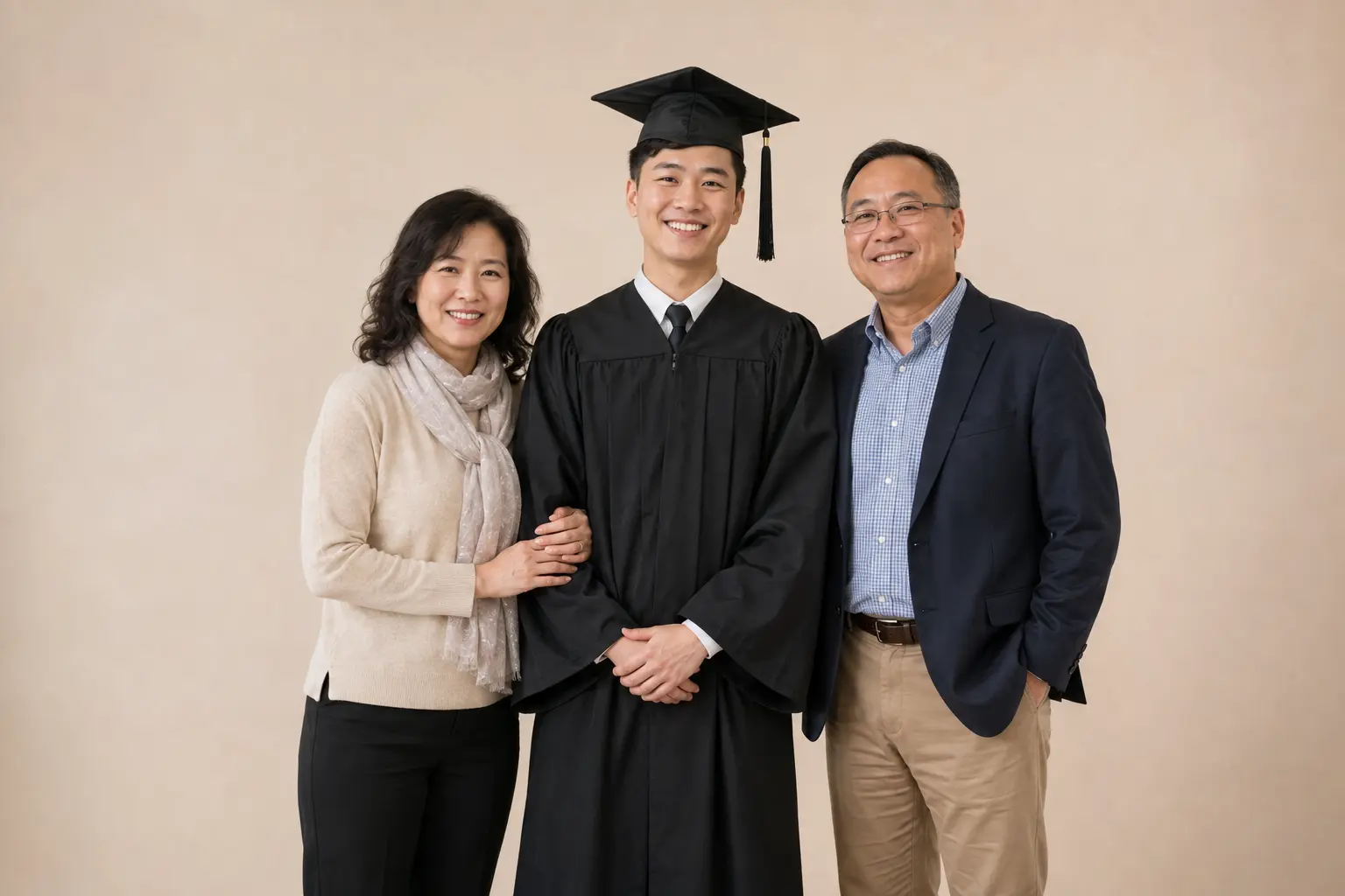 Graduate taking family graduation photos with proud parents in a Toronto studio