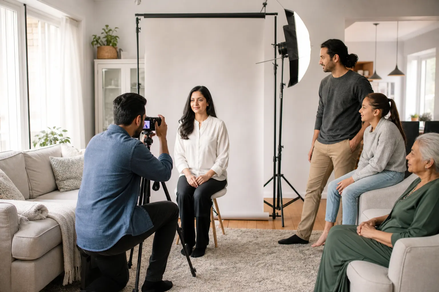 Multigenerational family using a mobile passport photo service in Toronto