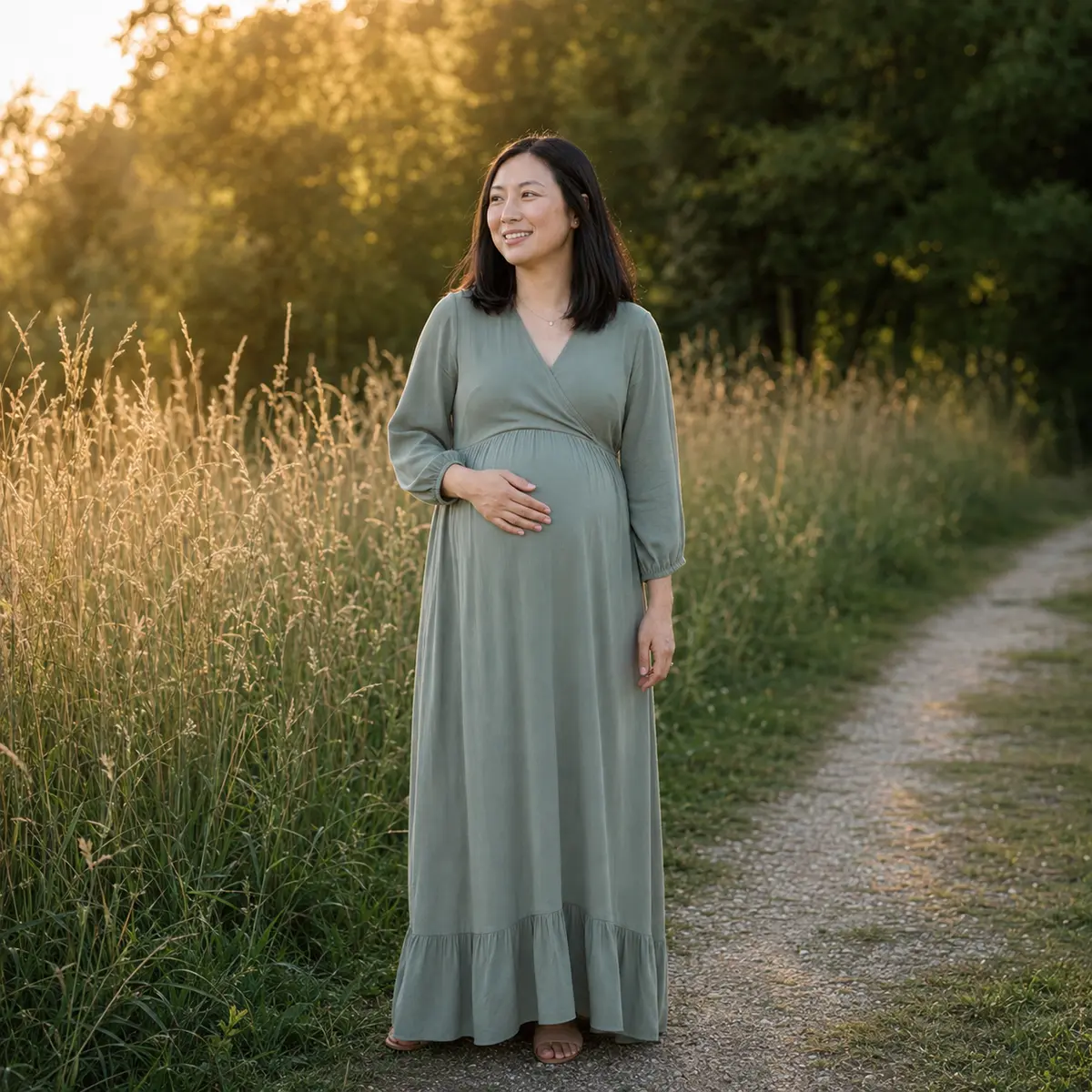 Pregnant woman photographed beside meadow grass at golden hour in Stouffville