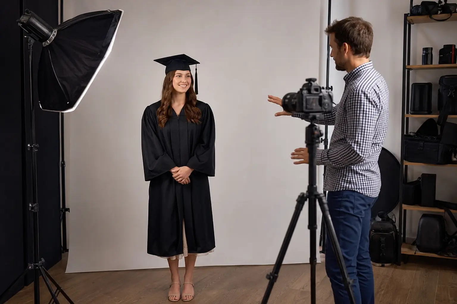 Behind-the-scenes graduation photoshoot in a professional portrait studio