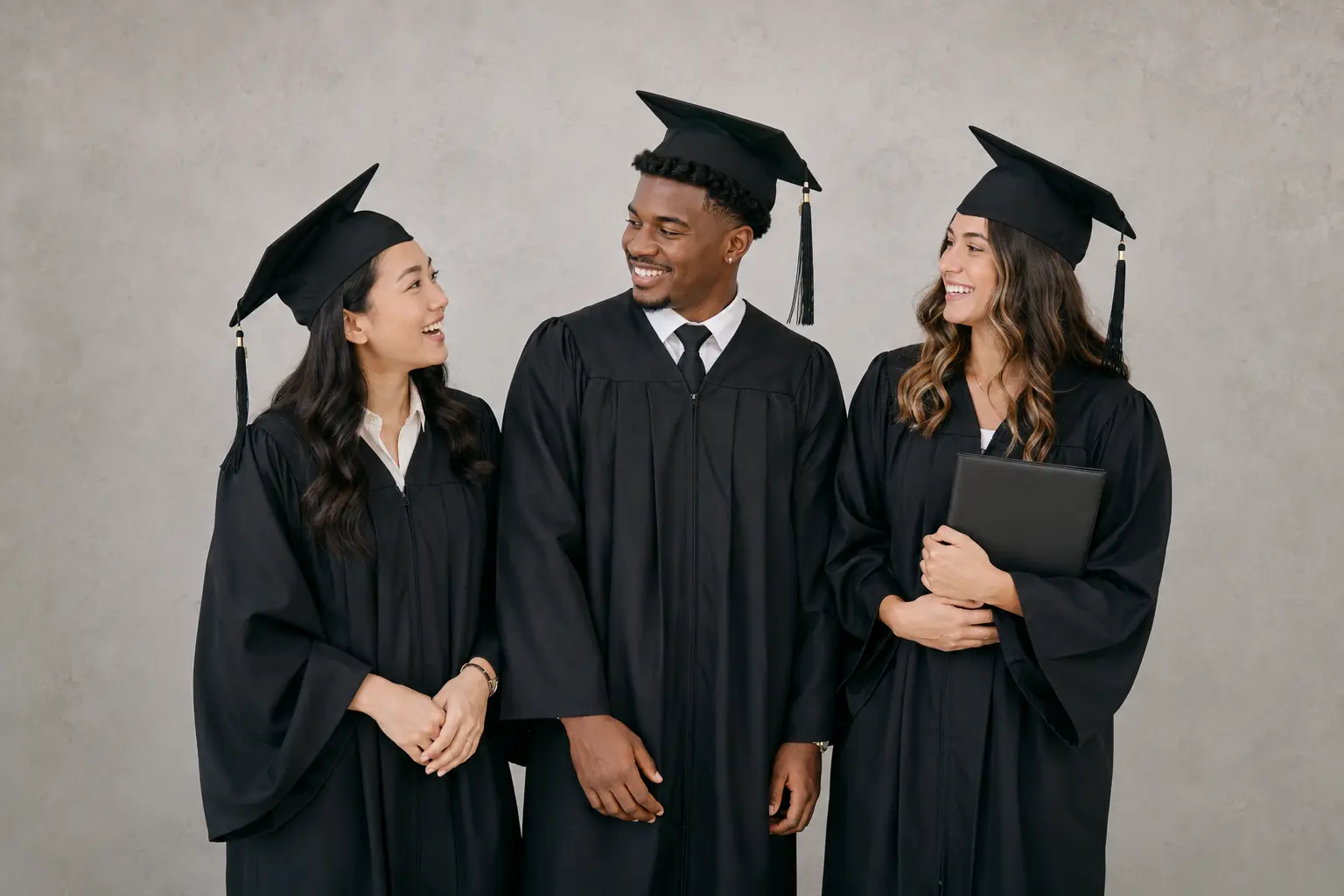 Three friends celebrating together during a group graduation photoshoot in Toronto