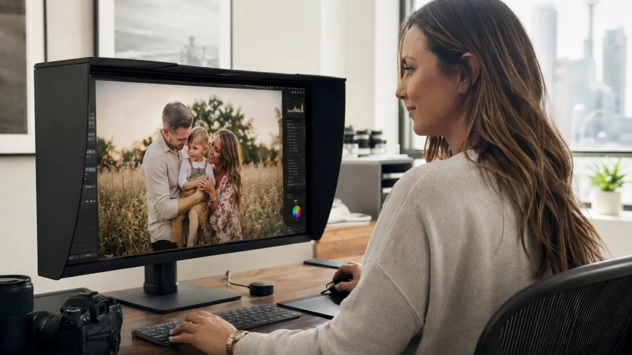 Professional photographer using a Lightroom and Photoshop workflow to edit a family portrait