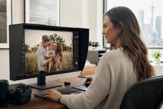 Professional photographer using a Lightroom and Photoshop workflow to edit a family portrait