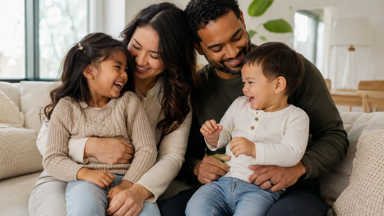 Family of four sharing a natural moment during an in-home family photography session in Toronto.