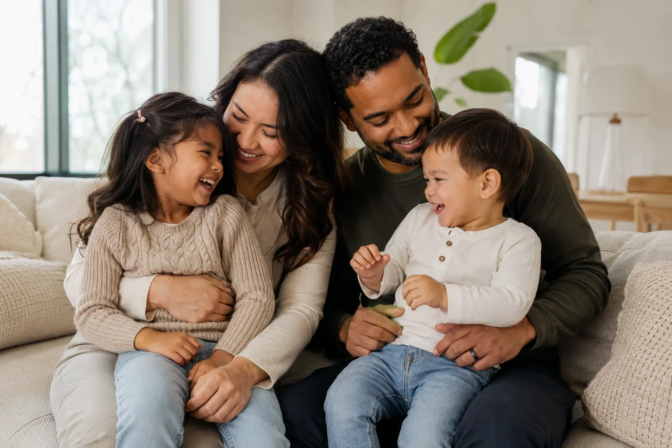 Family of four sharing a natural moment during an in-home family photography session in Toronto.