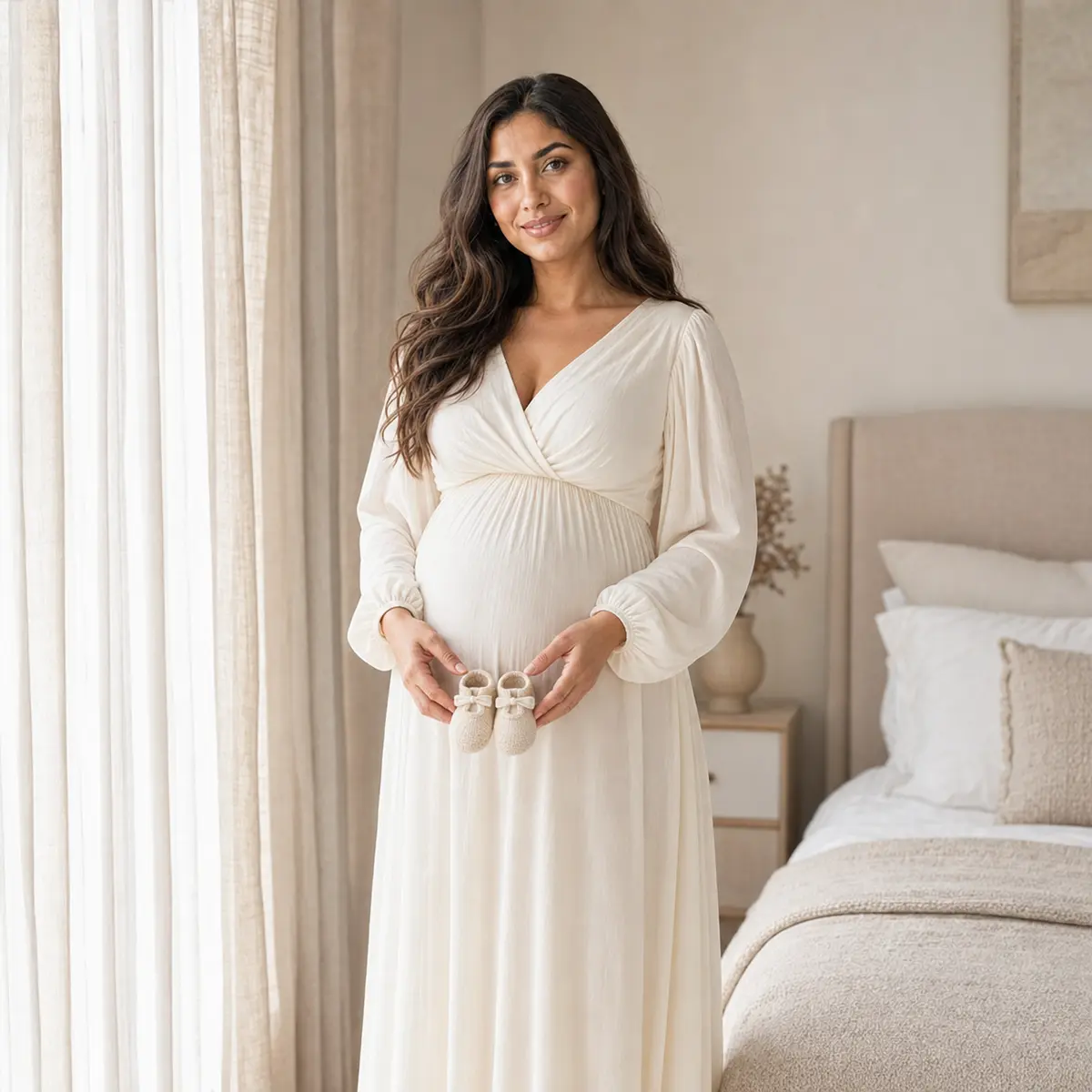 Natural in-home maternity portrait holding baby shoes in Markham