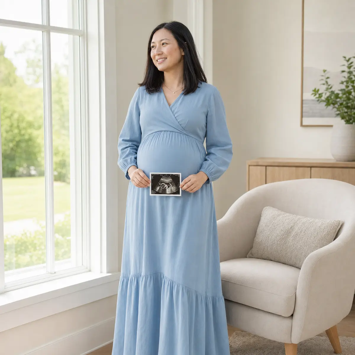 In-home pregnancy portrait holding an ultrasound photo in Markham