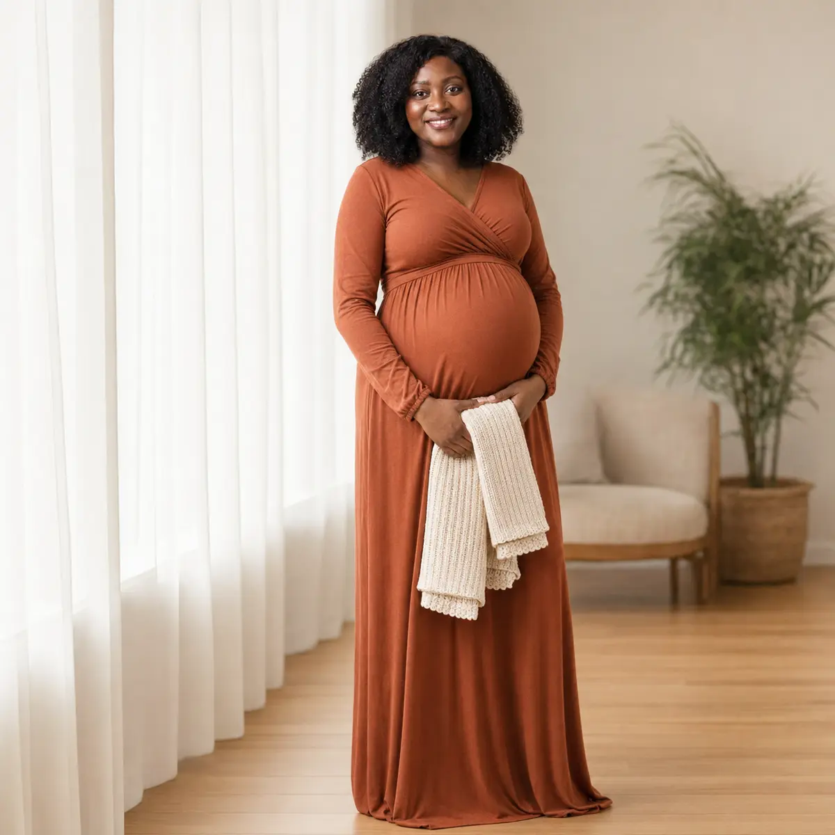 Indoor lifestyle maternity photography with a neutral baby blanket
