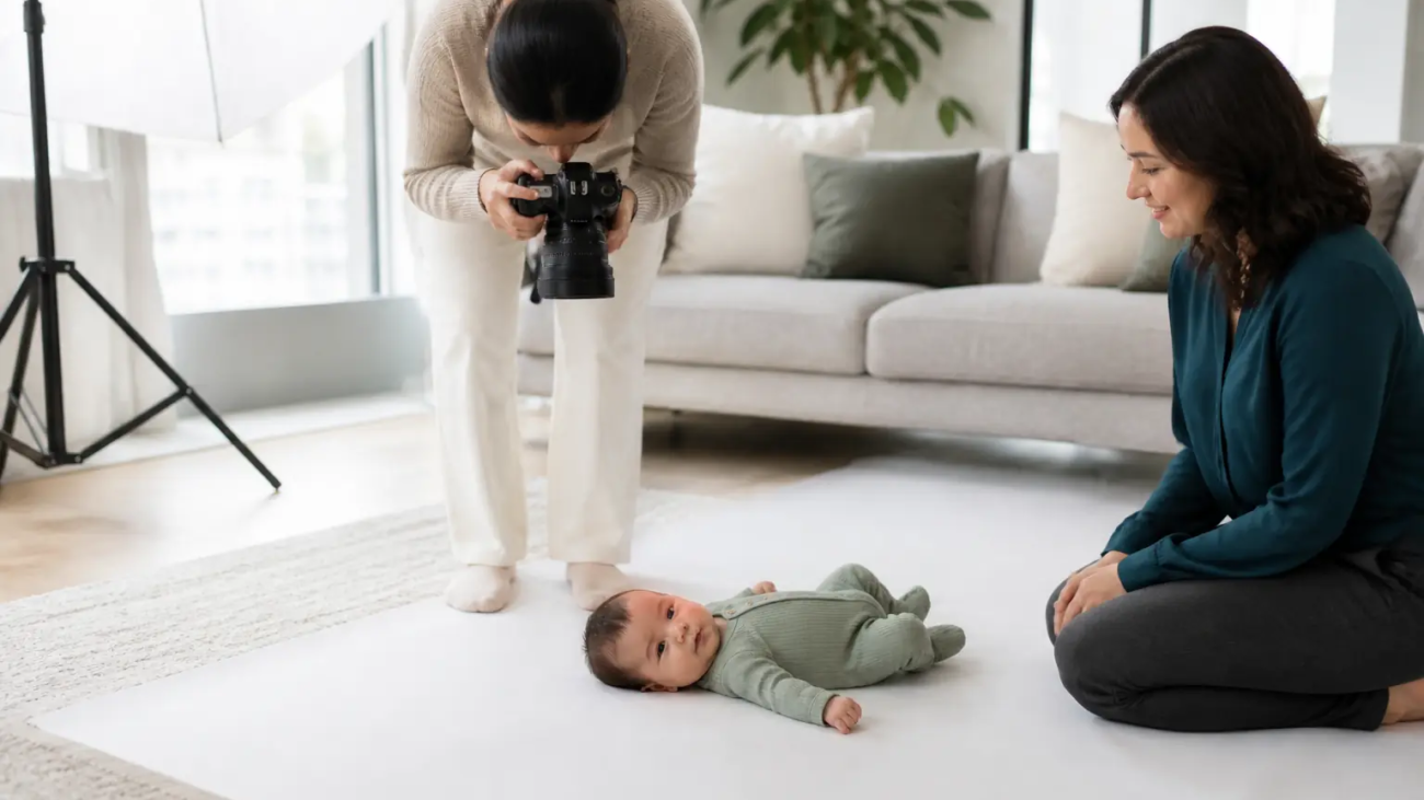 Photographer taking an infant passport photo from above at home in Toronto