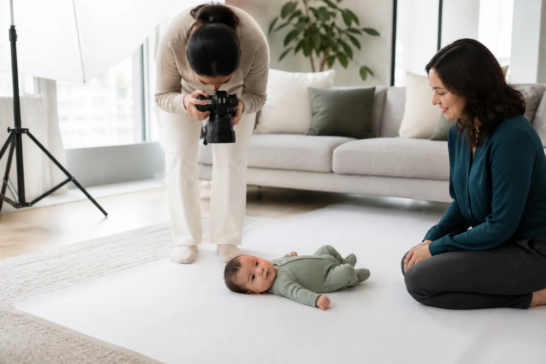 Photographer taking an infant passport photo from above at home in Toronto